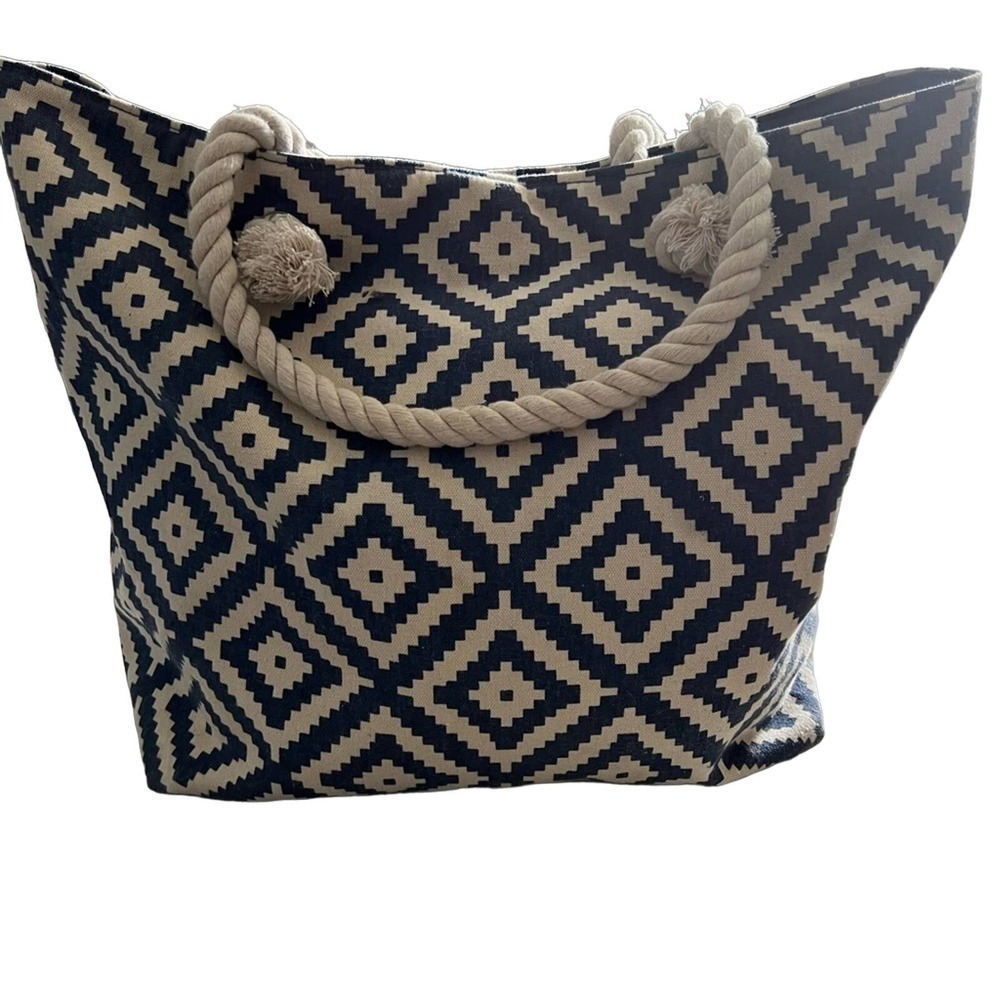 Summer & Rose Nautical Tote, Geometric Pattern, Rope Handles, Blue & White